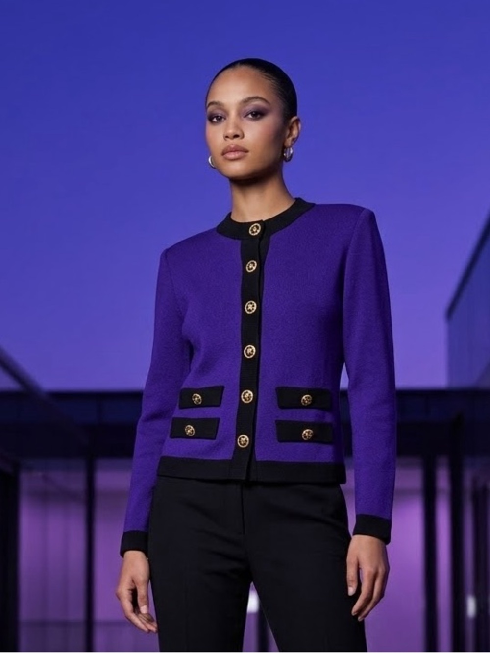 ST JOHN Royal Purple Knit Jacket Gold Crest Buttons Sz 2 Old Money Corpcore